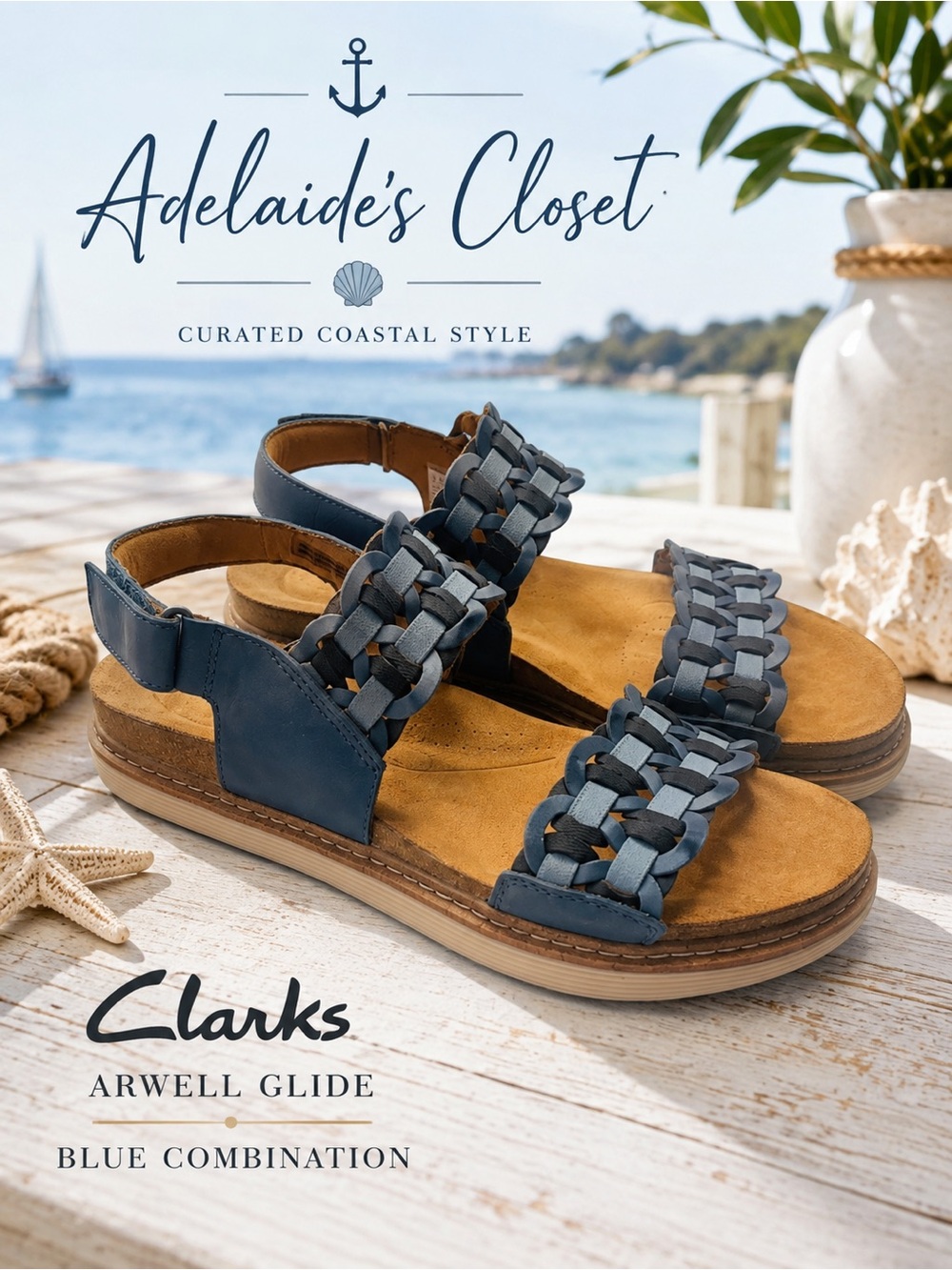 Clarks Arwell Glide Blue Woven Leather Comfort Sandals Size 9.5
